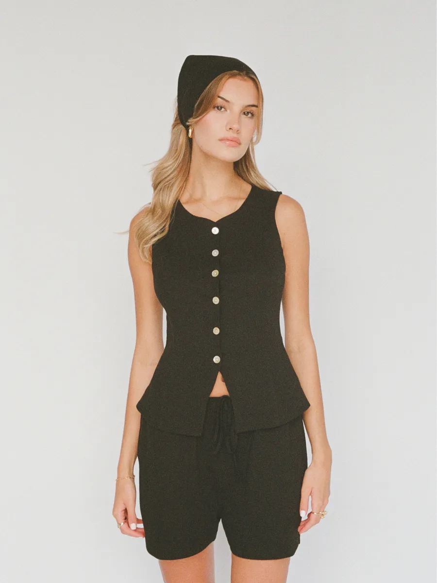 organic cotton linen tailored vest – black