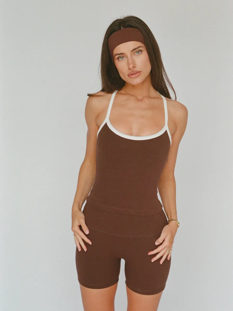 organic cotton piped tank with built-in bra – chocolate brown 4