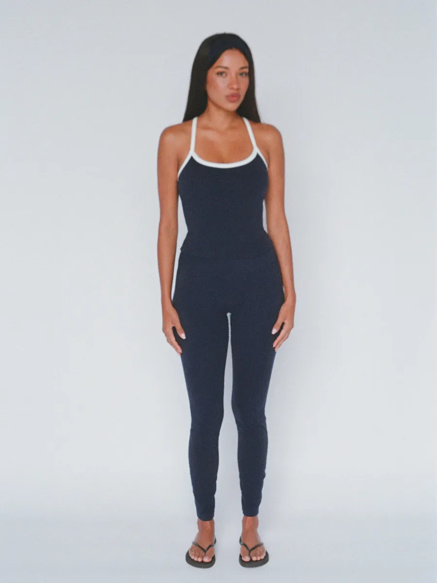 organic cotton piped tank with built-in bra – navy blue 6