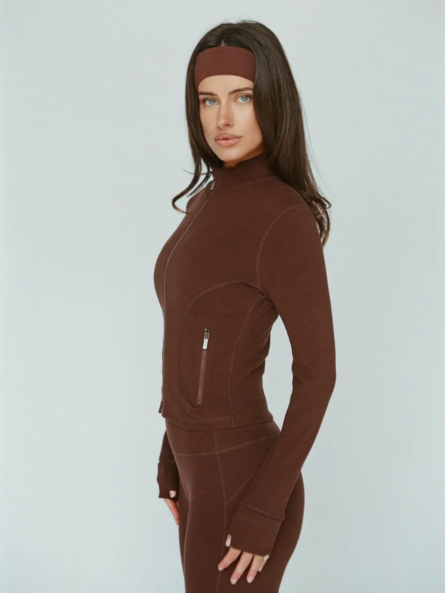 organic cotton zip jacket - chocolate brown