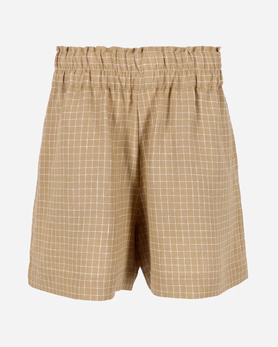 Elastic waist linen shorts LAMU in Brown windowpane 3