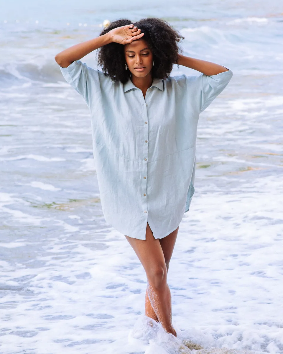 Flowing linen tunic-shirt SANIBEL in Dusty blue 2