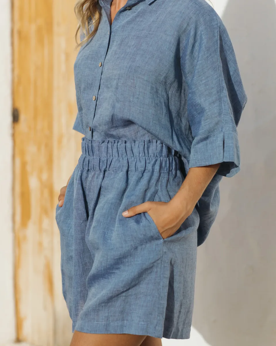 High waisted linen shorts CUENCA in Denim chambray 2