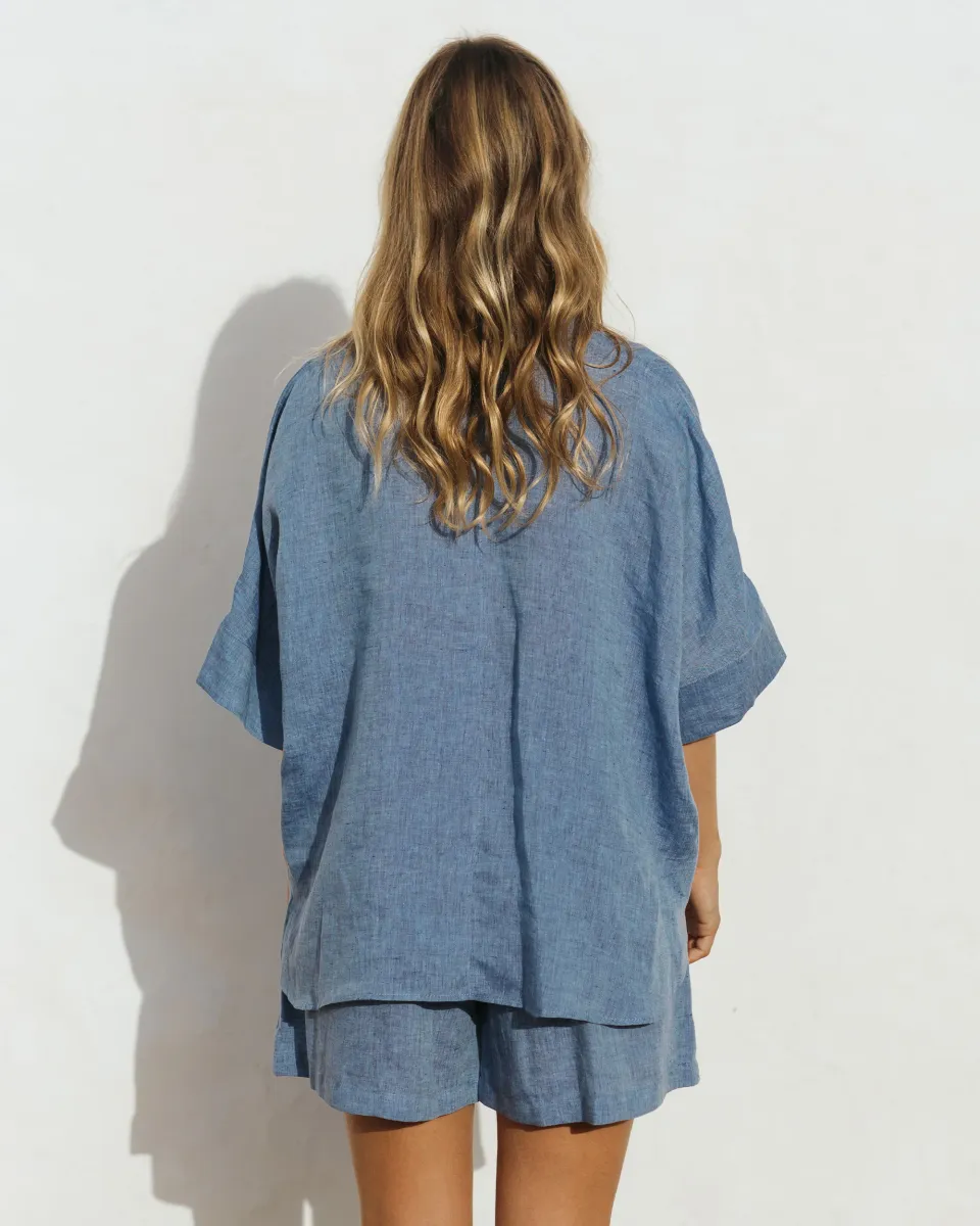 High waisted linen shorts CUENCA in Denim chambray 4