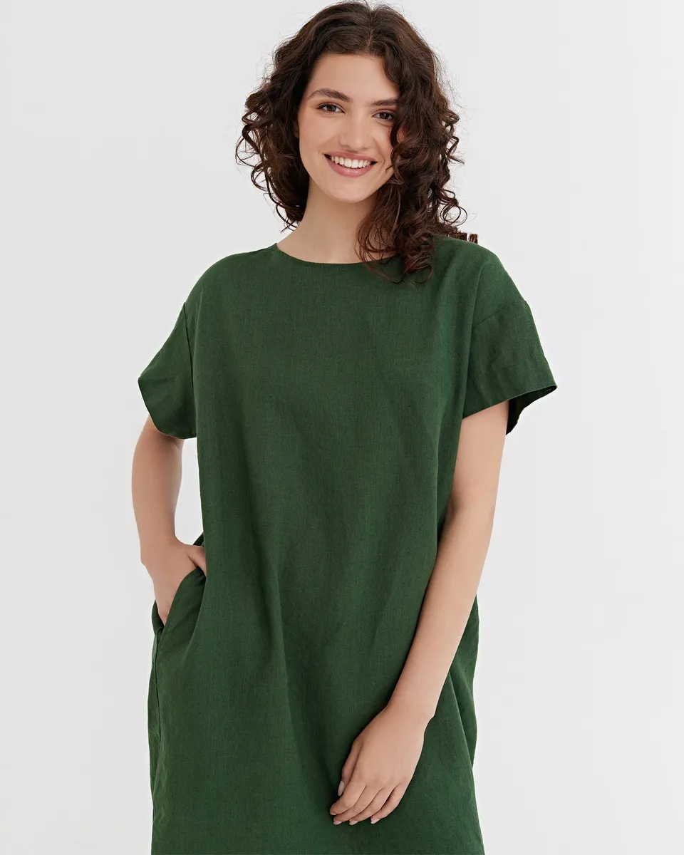 Linen mini dress SIWA in Deep green 4