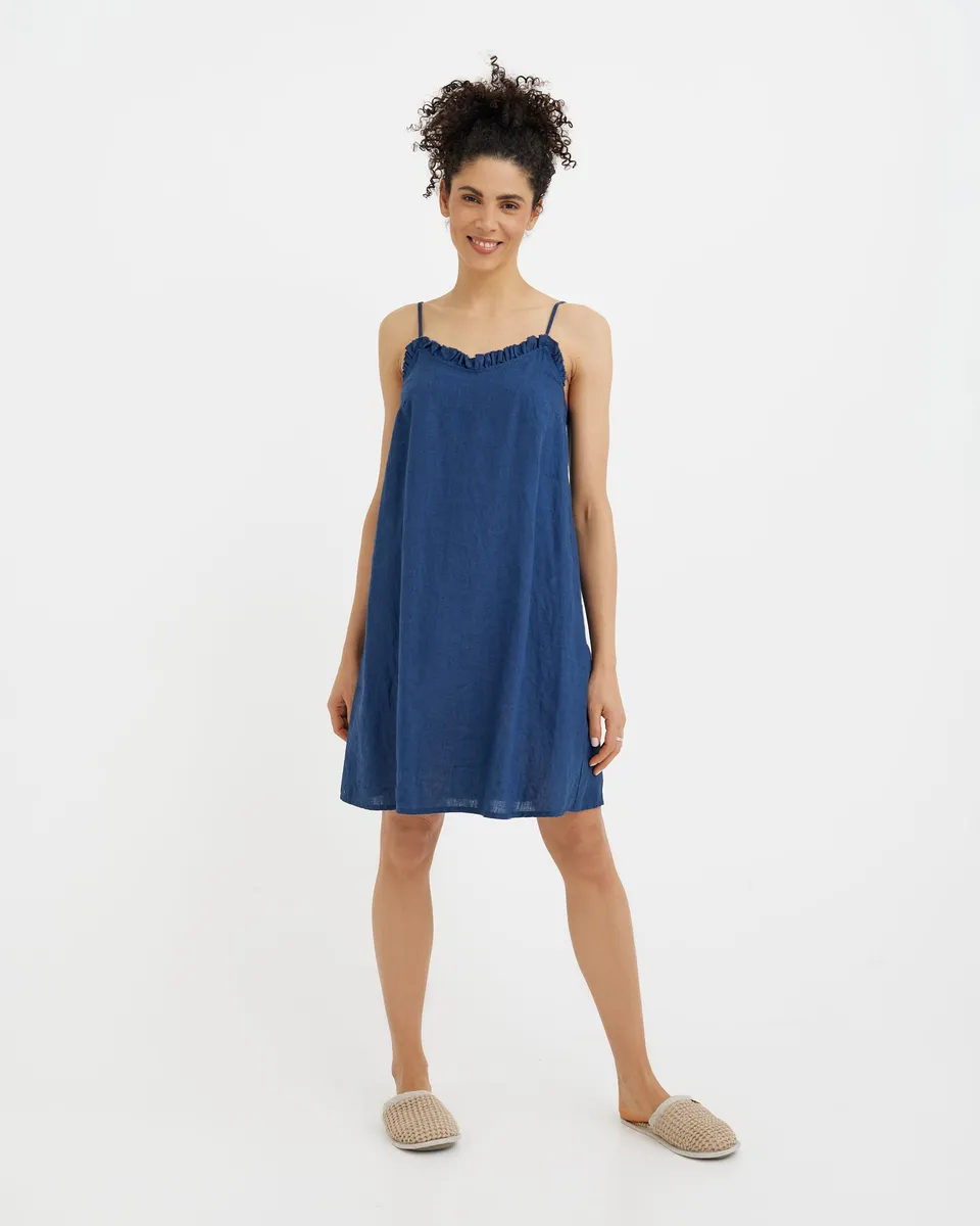 Linen pajama dress HARBOUR in Deep navy blue