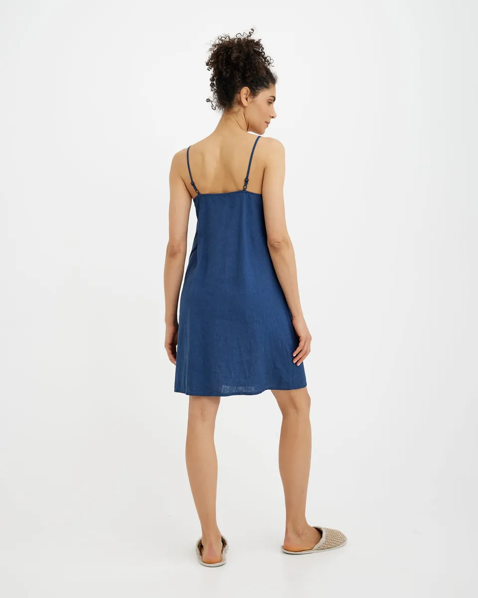 Linen pajama dress HARBOUR in Deep navy blue 5