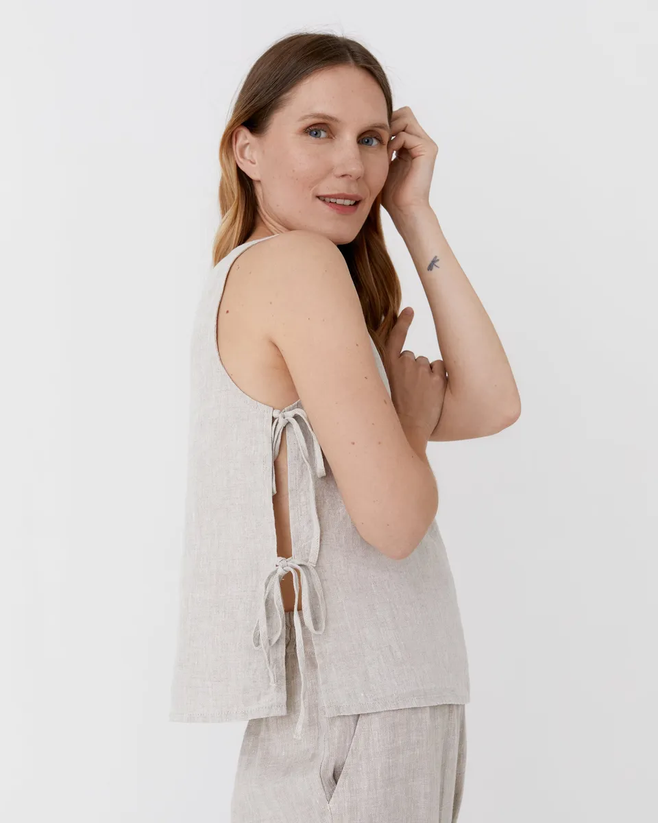 Linen top with ties LUCERNE in Natural melange 2
