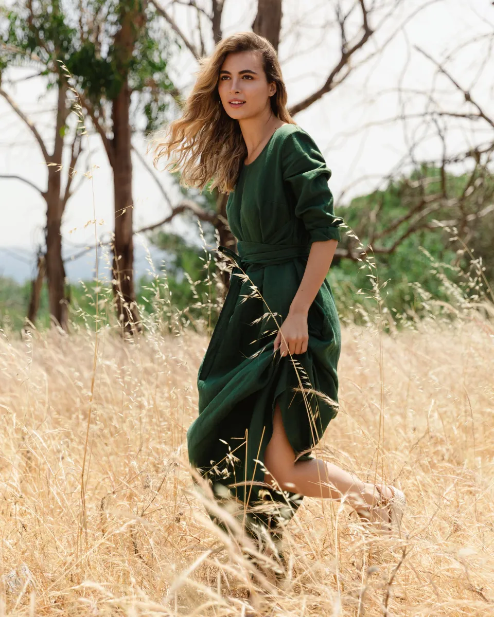 Long linen dress GRENADA in Deep green 2