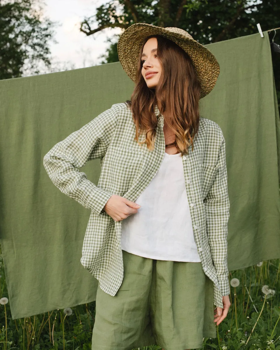 Long-sleeved linen shirt CALPE in Forest green gingham 3