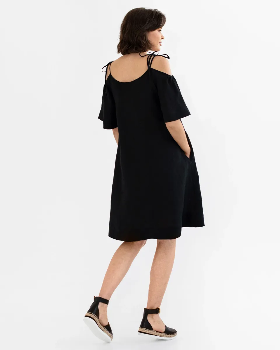 Midi cold shoulder linen dress THASSOS in Black 2