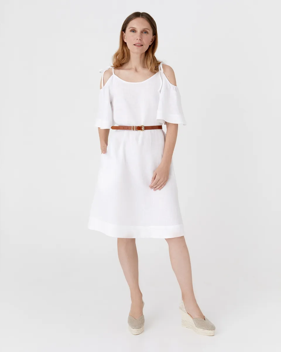 Midi cold shoulder linen dress THASSOS in White