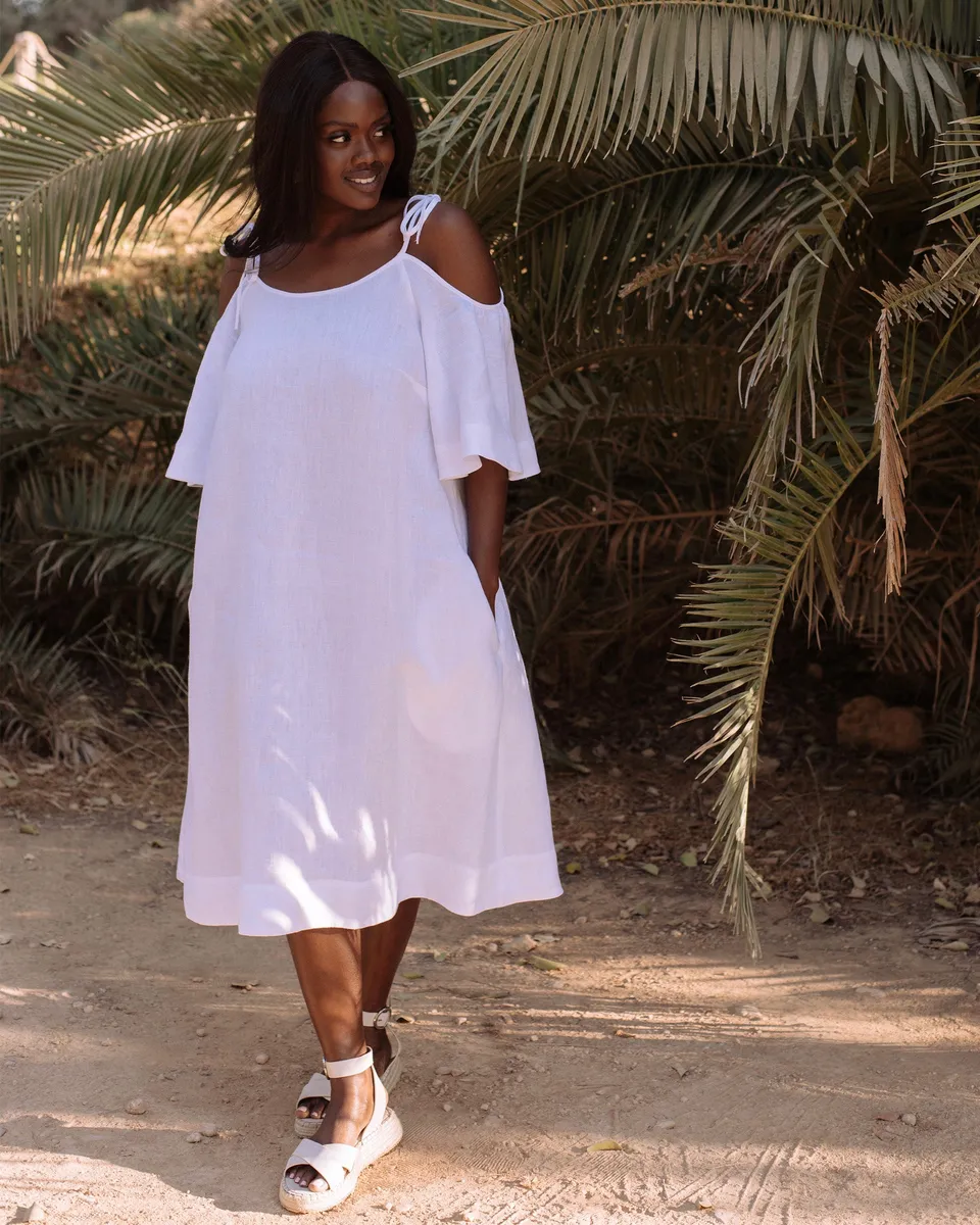 Midi cold shoulder linen dress THASSOS in White 2