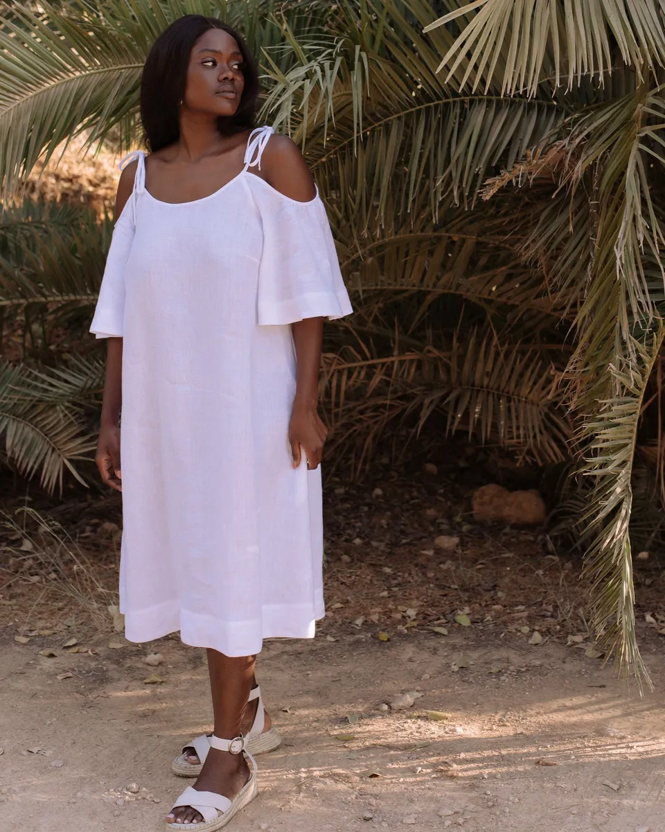 Midi cold shoulder linen dress THASSOS in White 3