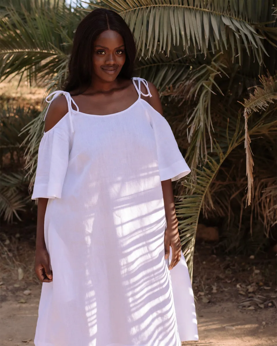 Midi cold shoulder linen dress THASSOS in White 4