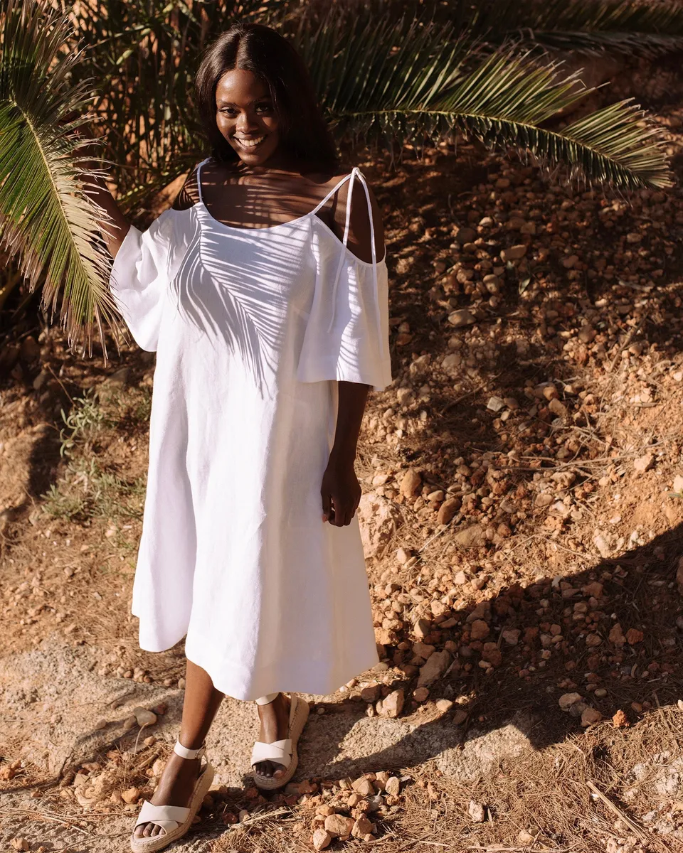 Midi cold shoulder linen dress THASSOS in White 5