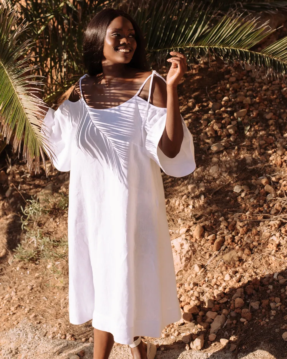 Midi cold shoulder linen dress THASSOS in White 6