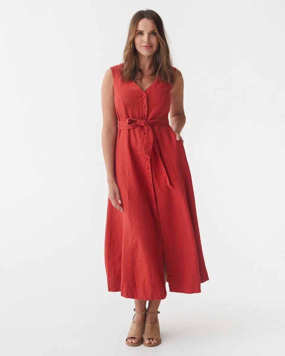 Sleeveless Linen Dress ACADIA in Aurora red