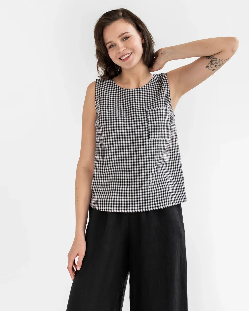Sleeveless linen top SILAY in Black gingham 2