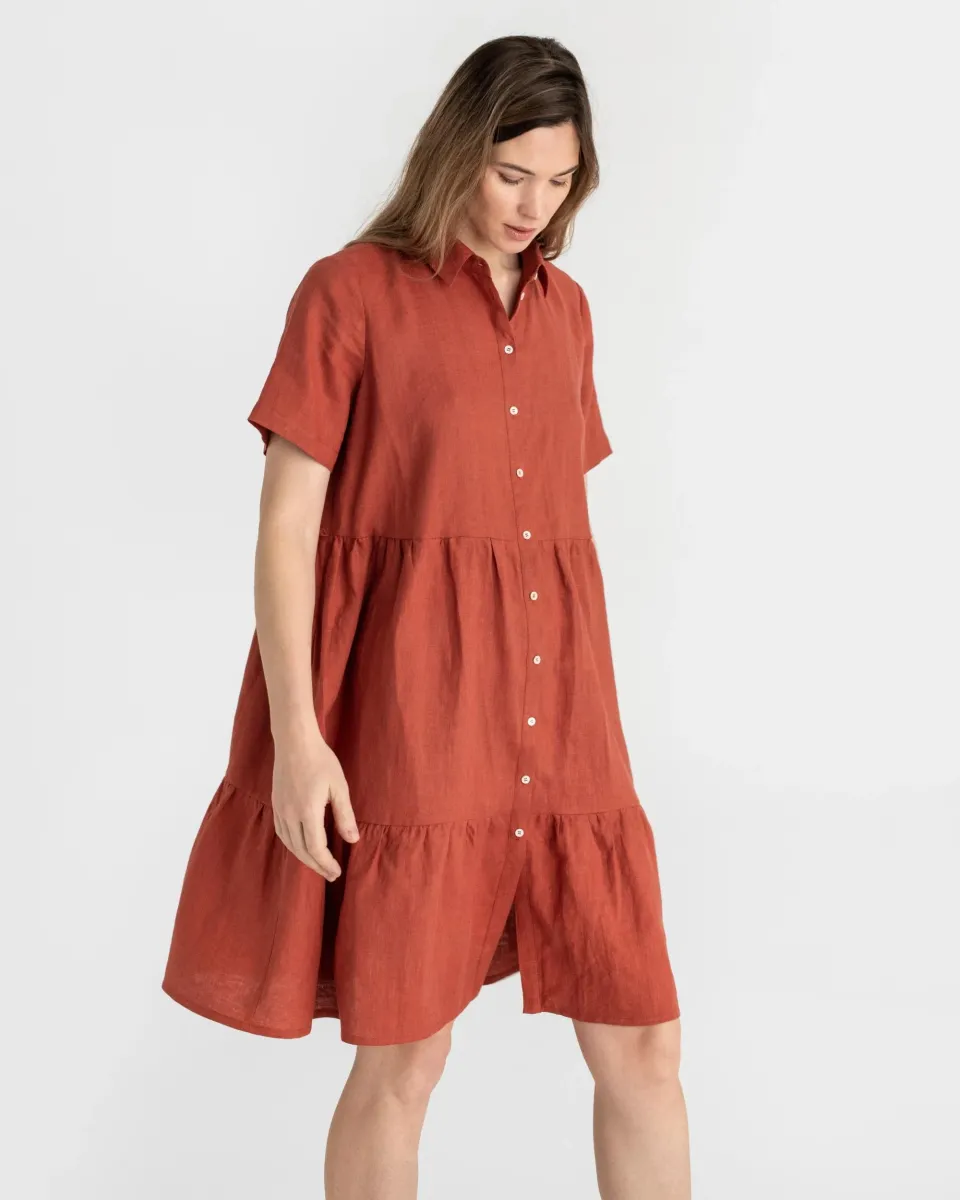 Tiered linen dress PETRA in Clay 2