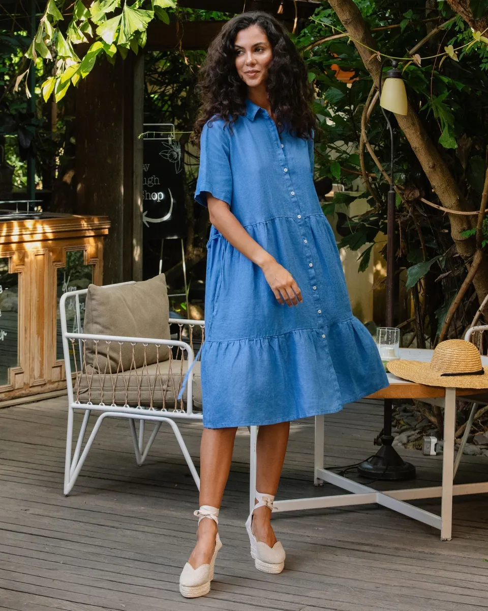 Tiered linen dress PETRA in Cobalt blue 2