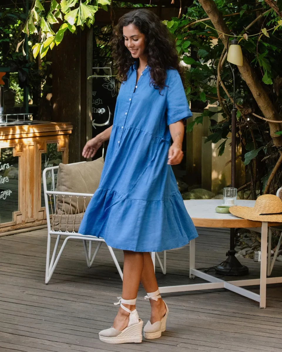 Tiered linen dress PETRA in Cobalt blue 3