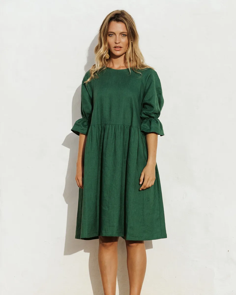 Voluminous linen dress NERJA in Green 3