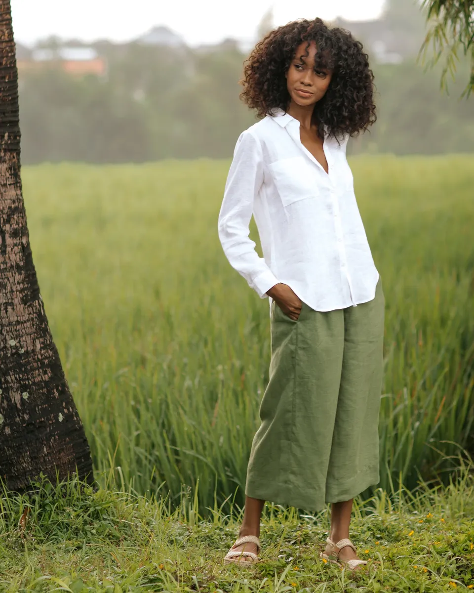 Wide leg linen culotte pants BRUNY in Forest green 9