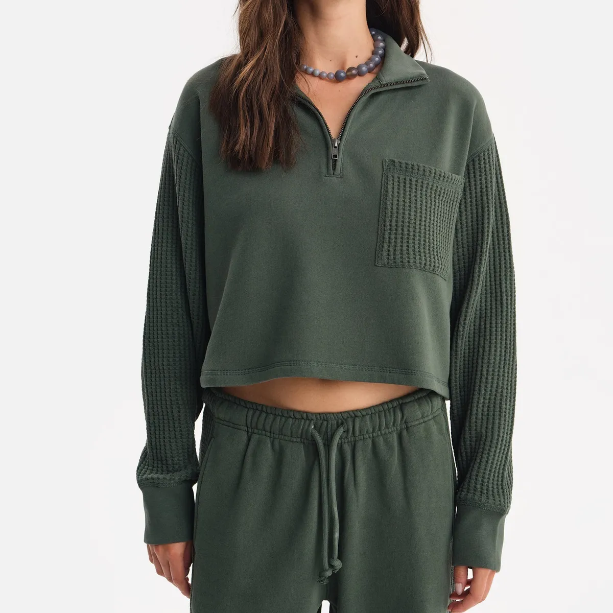 Organic Fleece and Waffle Cropped Half-Zip Sweatshirt