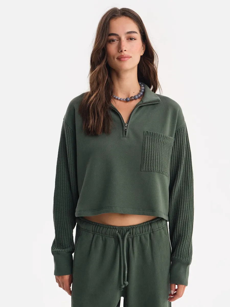 Organic Fleece and Waffle Cropped Half-Zip Sweatshirt 2