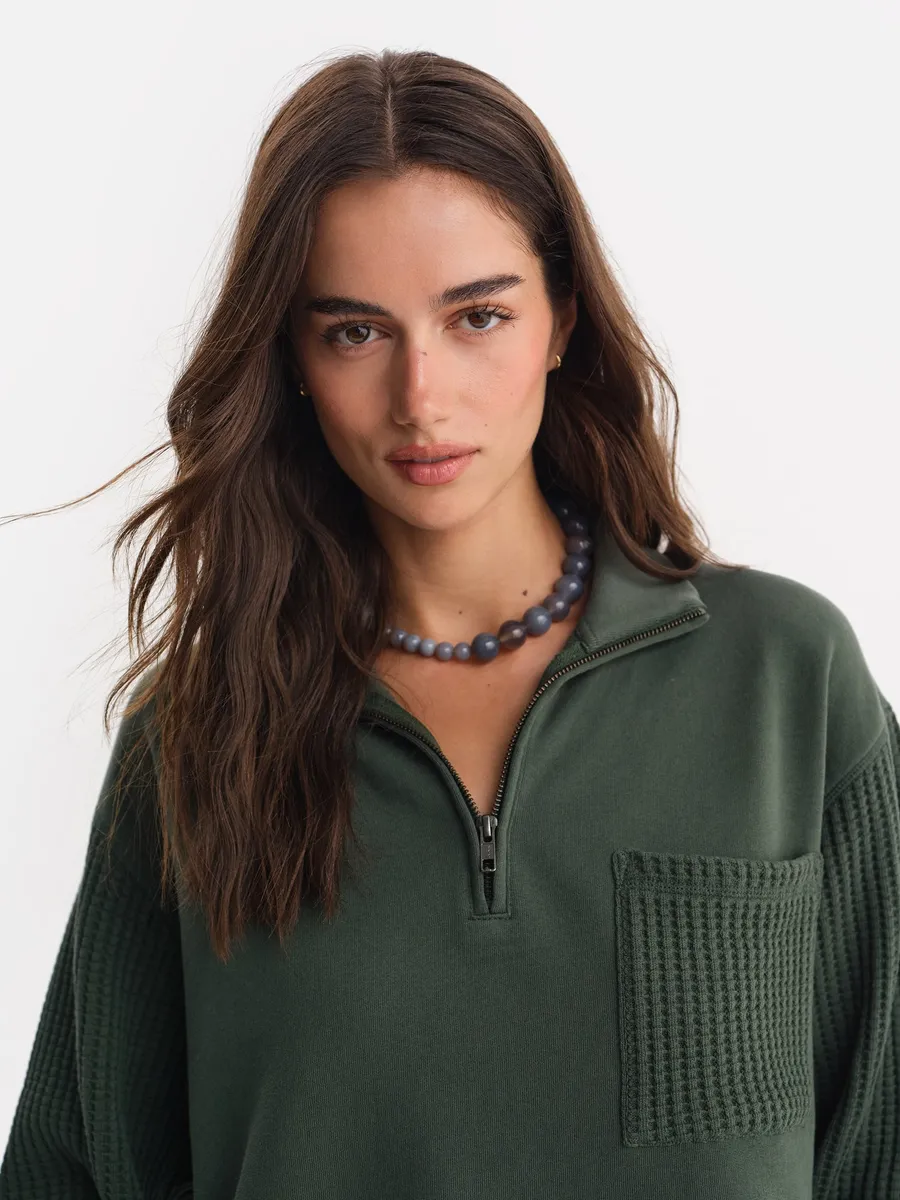 Organic Fleece and Waffle Cropped Half-Zip Sweatshirt 3