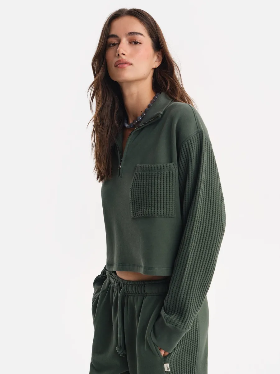 Organic Fleece and Waffle Cropped Half-Zip Sweatshirt 4