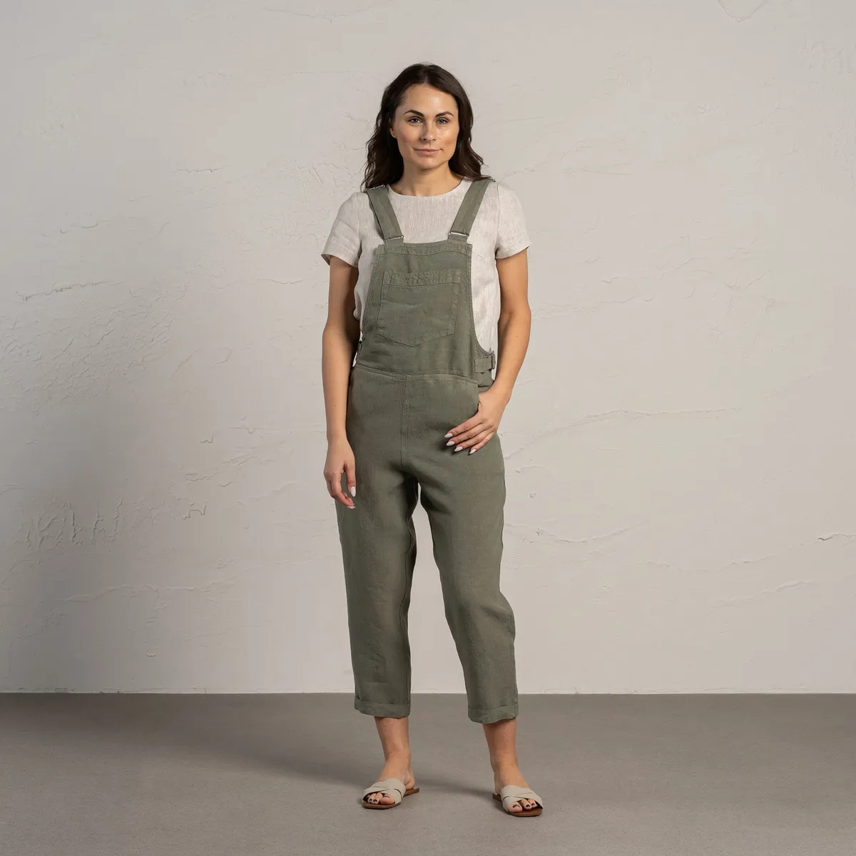 Linen Pinafore Jumpsuit Nicci Stone Green 5