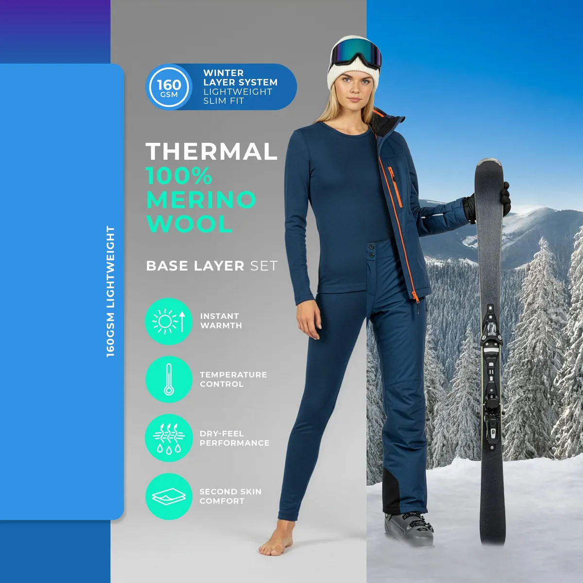 Women's 100% Merino Base Layer Set Denim 3