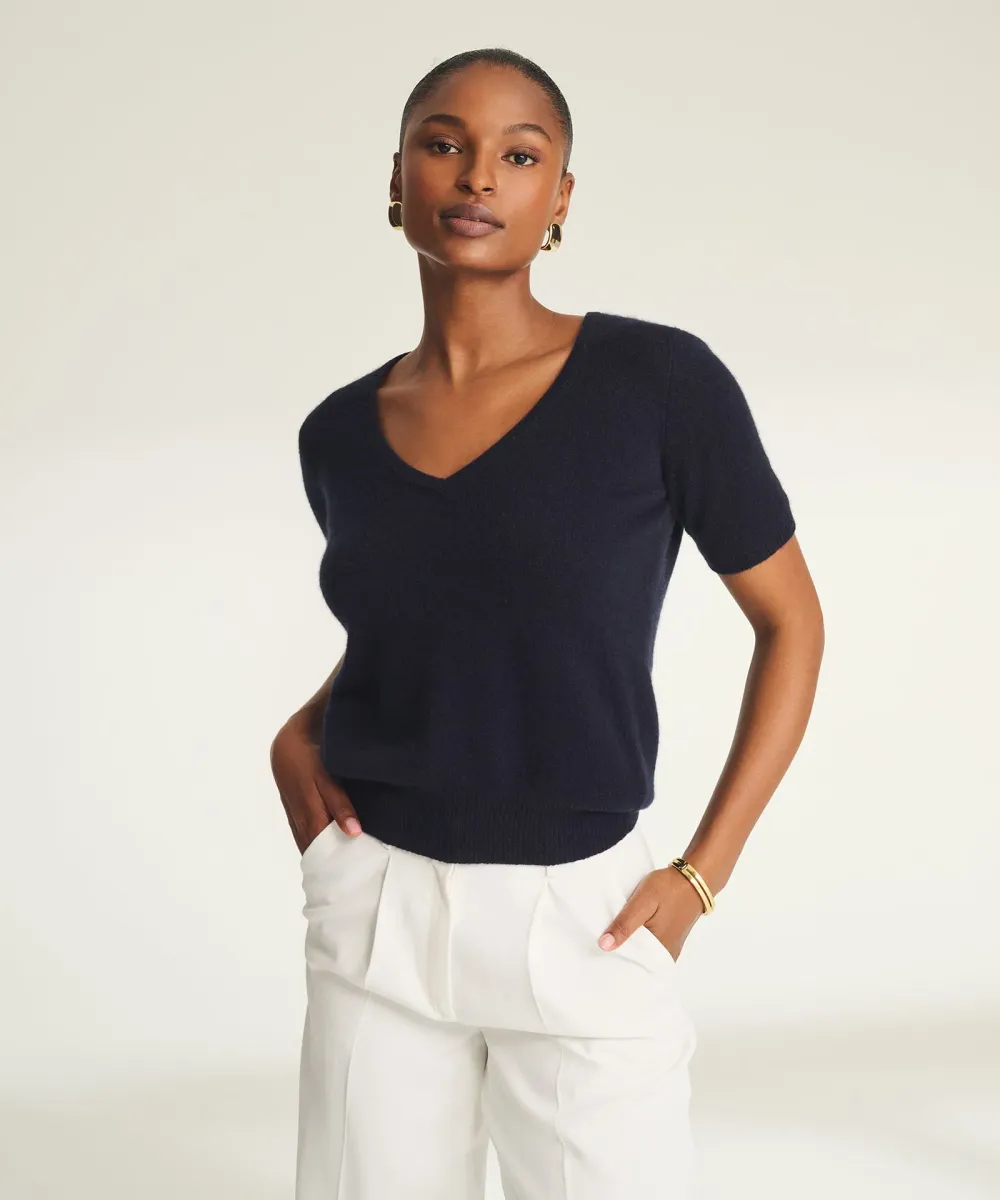 Lightweight Cashmere Short Sleeve V-Neck Sweater 3