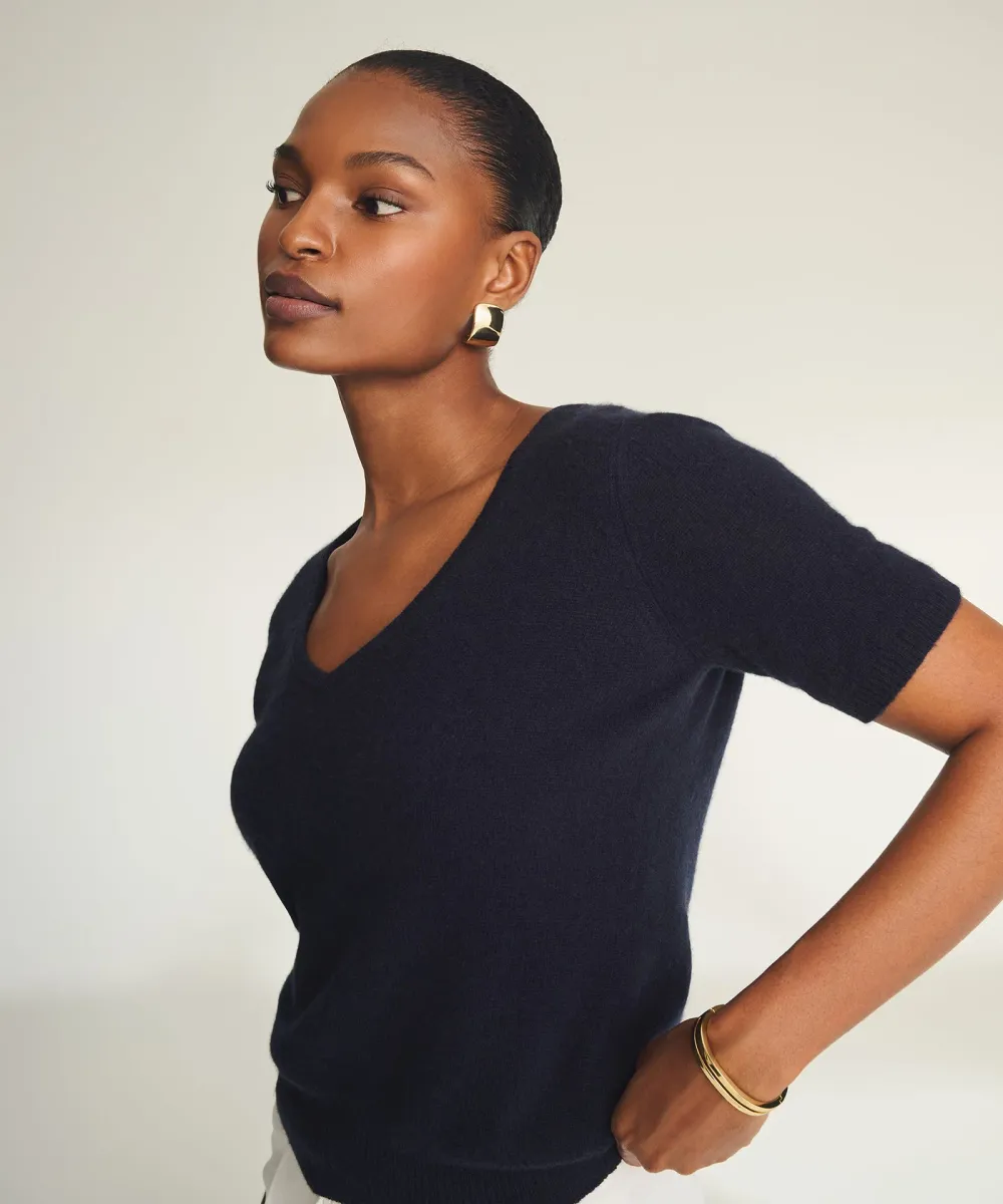 Lightweight Cashmere Short Sleeve V-Neck Sweater 6