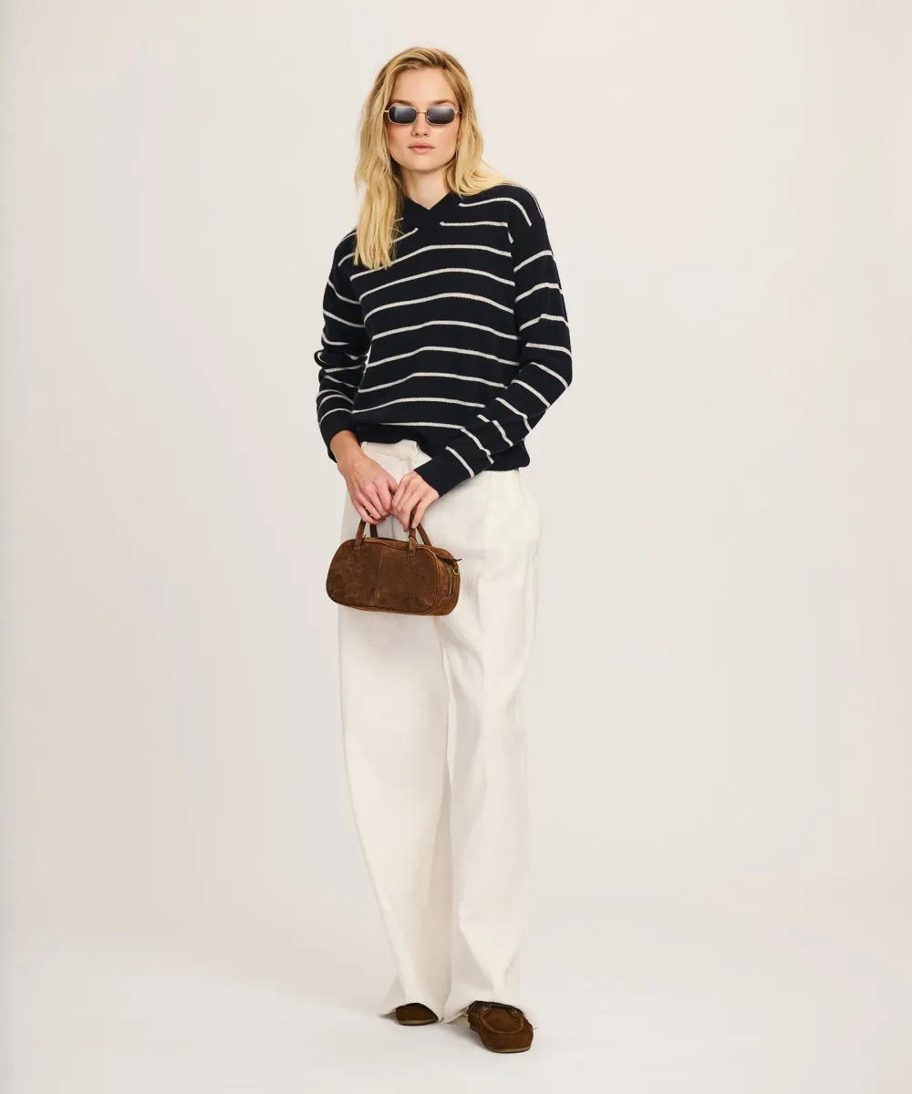 Lightweight Cashmere Striped High V-Neck Sweater 2