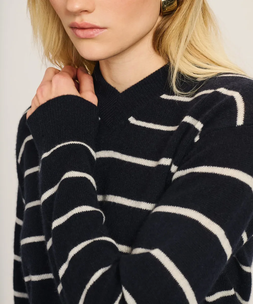 Lightweight Cashmere Striped High V-Neck Sweater 3