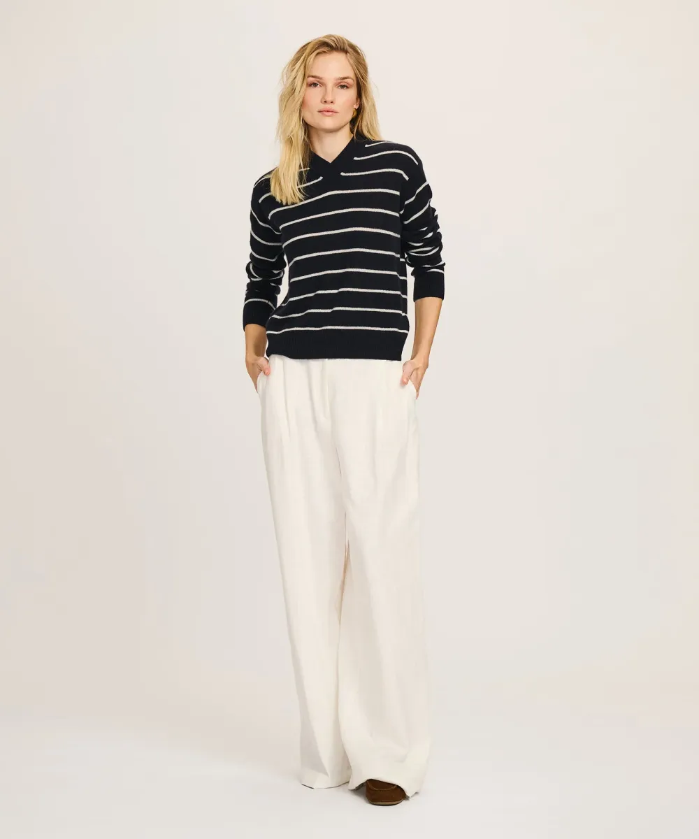 Lightweight Cashmere Striped High V-Neck Sweater 4