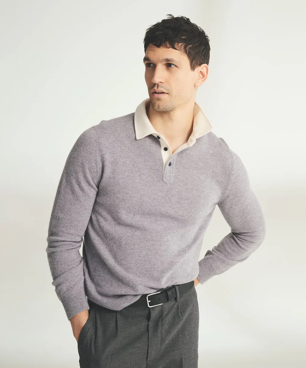 Signature Cashmere Long Sleeve Polo with Contrast Collar