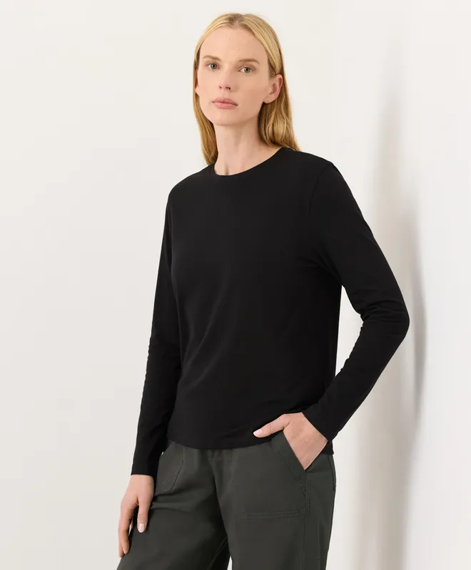 PACT Women's Black Luxe Essential Crewneck Long Sleeve Tee XS 4