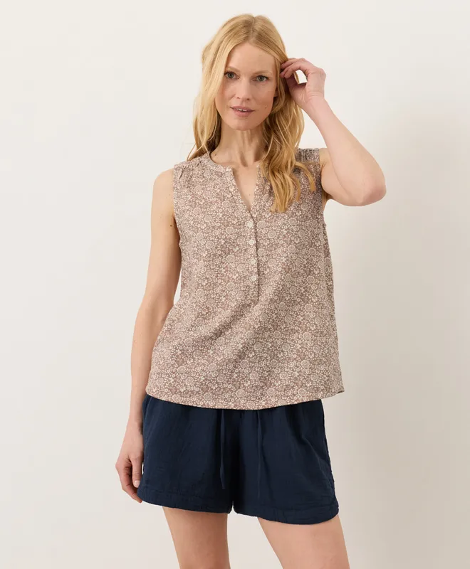 PACT Women's Block Print Driftwood Brown Coastal Double Gauze Henley Tank XS
