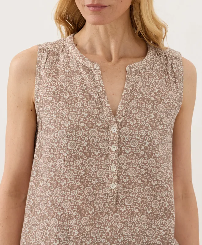 PACT Women's Block Print Driftwood Brown Coastal Double Gauze Henley Tank XS 2