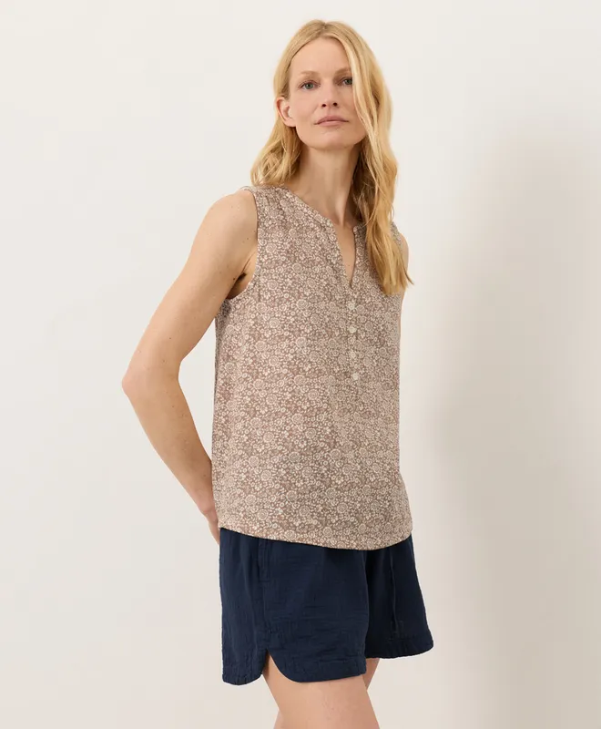 PACT Women's Block Print Driftwood Brown Coastal Double Gauze Henley Tank XS 4