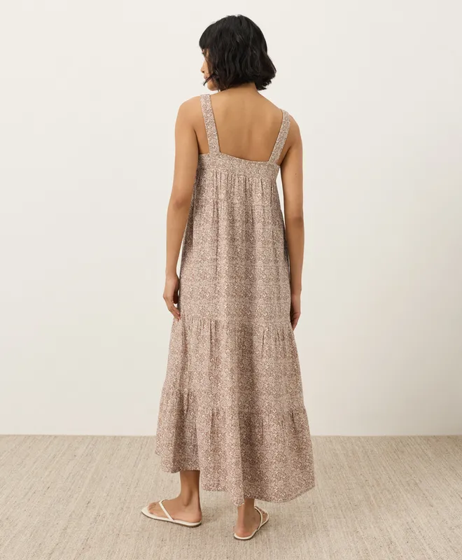 PACT Women's Block Print Driftwood Brown Coastal Double Gauze Strappy Tiered Maxi Dress S 2