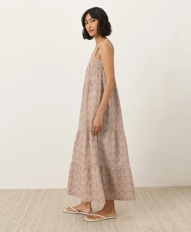 PACT Women's Block Print Driftwood Brown Coastal Double Gauze Strappy Tiered Maxi Dress S 3