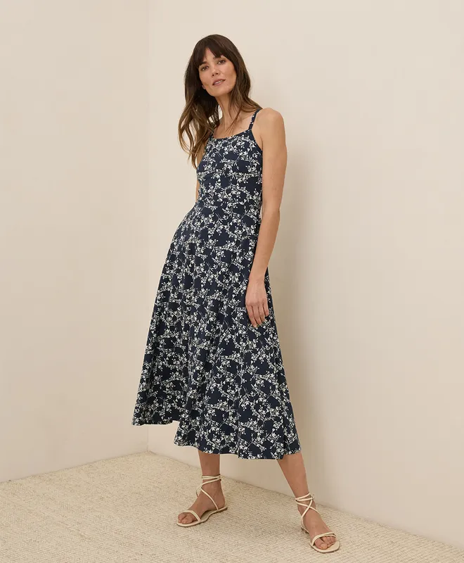 PACT Women's Bouquet Blooms Midnight Blue Fit & Flare Midi Dress RV 6