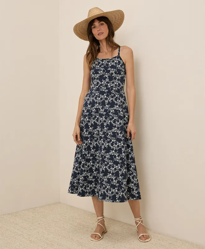 PACT Women's Bouquet Blooms Midnight Blue Fit & Flare Midi Dress RV 7
