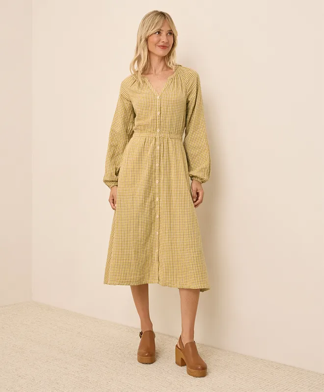 PACT Women's Gold Gingham Coastal Double Gauze Poet Sleeve Dress L