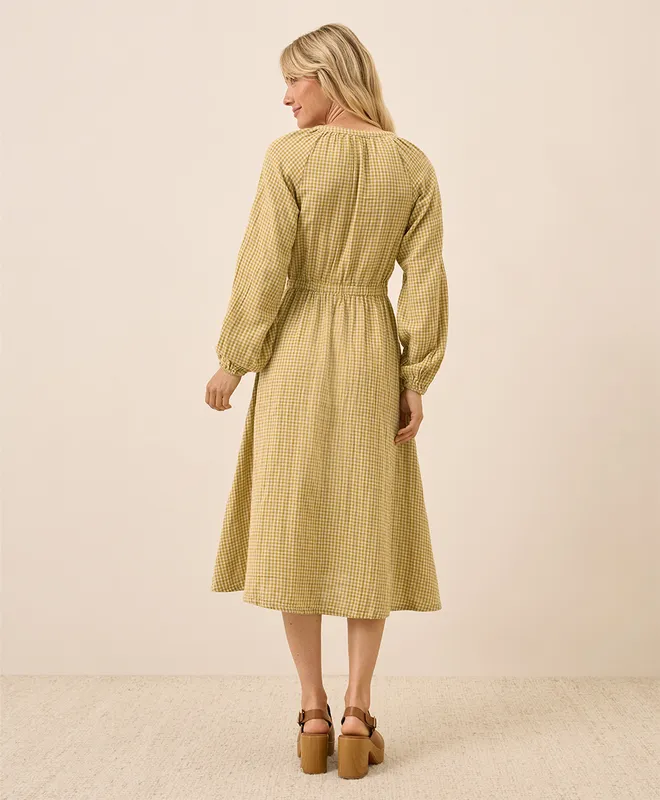 PACT Women's Gold Gingham Coastal Double Gauze Poet Sleeve Dress L 2